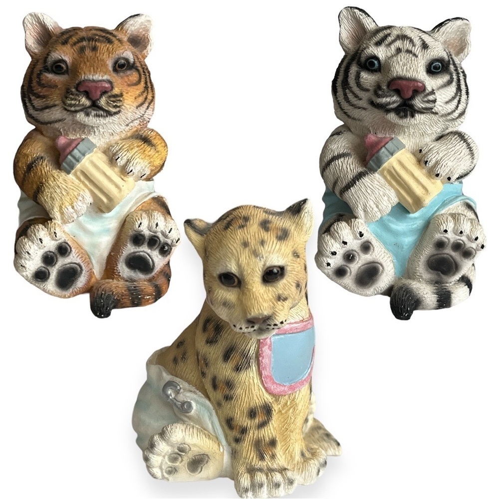 Tiger Leopard White Tiger Baby Bottle Figurines Lot of 3 Collection Encore Group